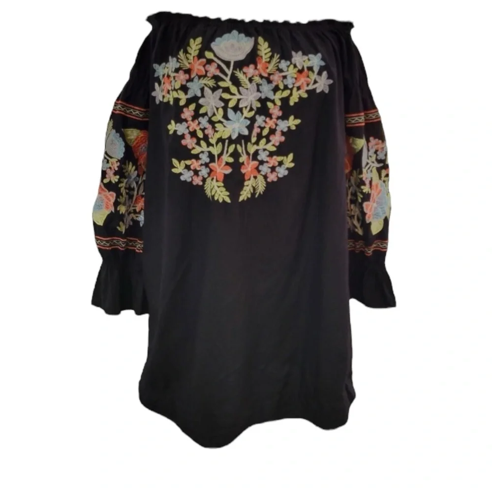 FREE PEOPLE Fleur du Jour Embroidered Off-Shoulder Dress in Black Size Medium - Picture 2 of 8